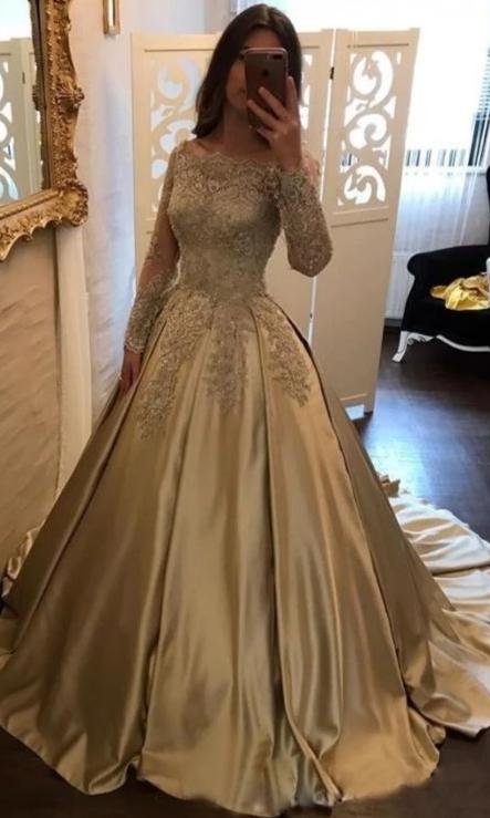 Ball Gown Long Sleeve Lace Champagne ...